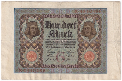 Germany 1920 100 Mark Note, Pick #69a F (L) 