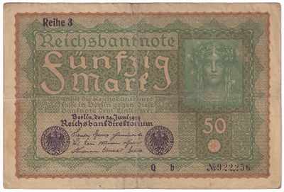 Germany 1919 50 Mark Note, Pick #66 F (L) 