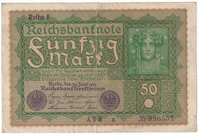 Germany 1919 50 Mark Note, Pick #66, VF (L)