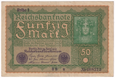 Germany 1919 50 Mark Note, Pick #66, EF (L) 