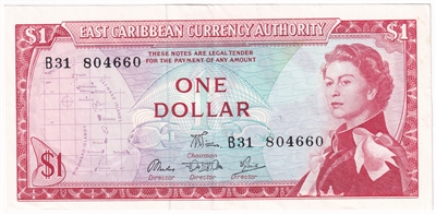 East Caribbean States 1965 1 Dollar Note, Pick #13d, Signature 5, EF-AU 