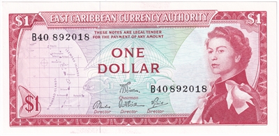 East Caribbean States 1965 1 Dollar Note, Pick #13d, Signature 6, AU-UNC 