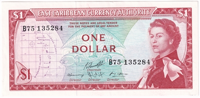 East Caribbean States 1965 1 Dollar Note, Pick #13f, Signature 10, AU-UNC 