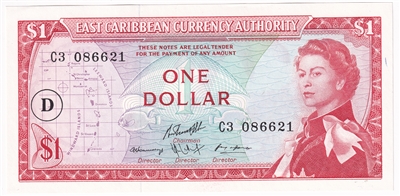 East Caribbean States 1965 1 Dollar Note, Pick #13i D Overprint, AU-UNC 