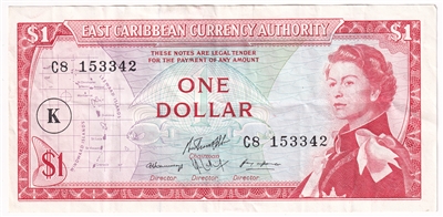 East Caribbean States 1965 1 Dollar Note, Pick #13k, K Overprint, VF-EF 