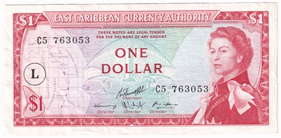 East Caribbean States 1965 1 Dollar Note, Pick #13l L Overprint, AU 