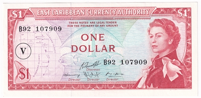 East Caribbean States 1965 1 Dollar Note, Pick #13o V Overprint, AU 