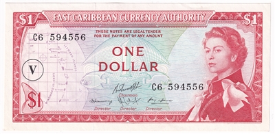 East Caribbean States 1965 1 Dollar Note, Pick #13o, V Overprint, UNC 