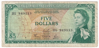 East Caribbean States 1965 5 Dollar Note, Pick #14d, Signature 4, VF 