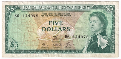 East Caribbean States 1965 5 Dollar Note, Pick #14e, Signature 5, VF 