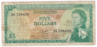 East Caribbean States 1965 5 Dollar Note, Pick #14h, Signature 10, Circ 