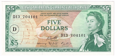 East Caribbean States 1965 5 Dollar Note, Pick #14j, D Overprint, AU-UNC 