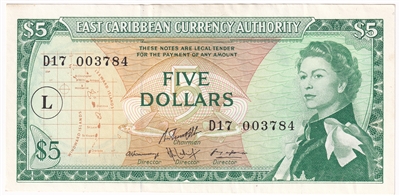 East Caribbean States 1965 5 Dollar Note, Pick #14m, L Overprint, AU 