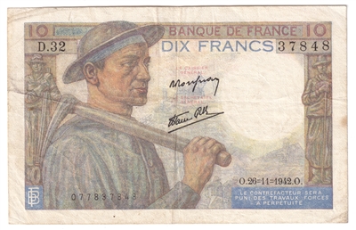 France Note 1942 10 Francs, VF