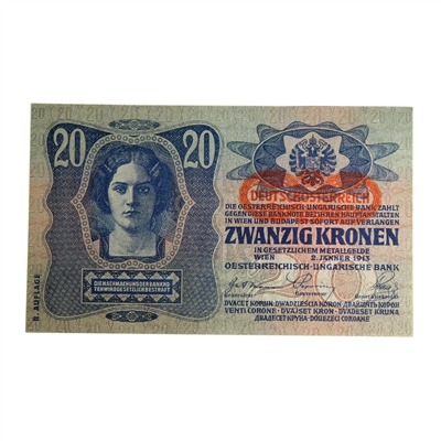 Austria 1913 20 Kronen, Pick #13, AU-UNC