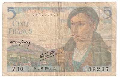 France Note 1943 5 Francs, F