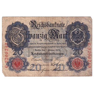 Germany 1908 20 Mark Note, F (L) 