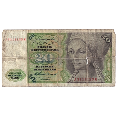 Germany 1960 20 Deutsche Mark Note, Pick #20a, Circ 