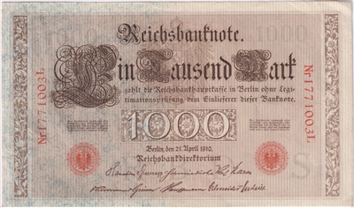 Germany 1910 1,000 Mark Note, Pick #44b, EF (L) 