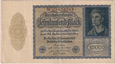 Germany 1922 10,000 Mark Note, Pick #72, VF-EF (L)