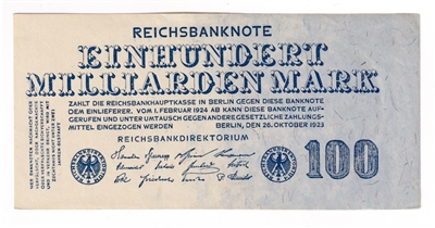 Germany 1923 100 Milliarden Mark Note, AU 