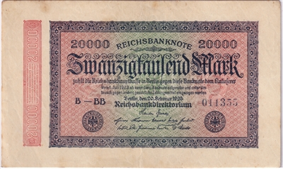Germany 1923 20,000 Mark Note, Pick #85f, EF (L) 