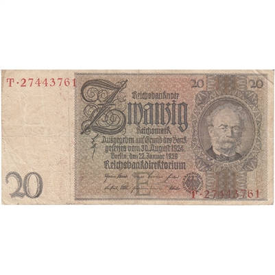 Germany 1929 20 Reichsmark Note, F-VF 
