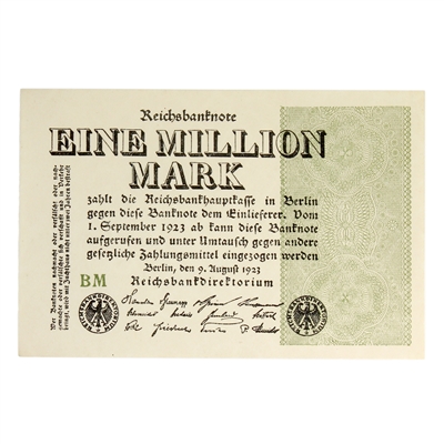 Germany 1923 1 Million Mark Note, Pick #102d, AU-UNC