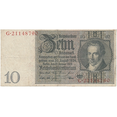 Germany 1929 10 Reichsmark Note, Pick #180a, F 