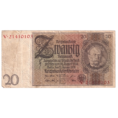 Germany 1929 20 Reichsmark Note, Pick #181a, F 