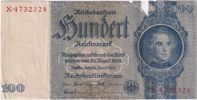 Germany 1935 100 Reichsmark Note, Pick #183a, VF (tears) (L)
