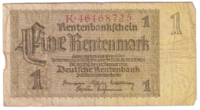 Germany 1937 1 Rentenmark Note, 8 Digit, VG 