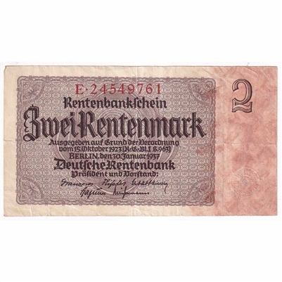 Germany 1937 2 Rentenmark Note, Pick #174b, 8 Digit, VF-EF