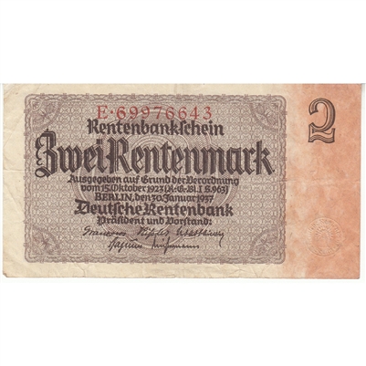 Germany 1937 2 Rentenmark Note, Pick #174b, 8 Digit, VF