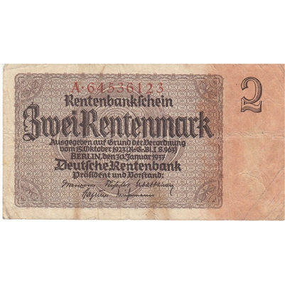 Germany 1937 2 Rentenmark Note, 8 Digit, F-VF 