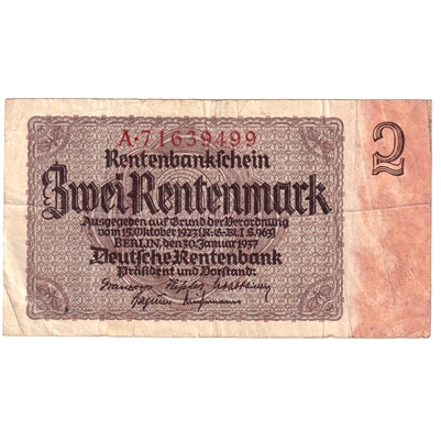 Germany 1937 2 Rentenmark Note, Pick #174b, F 
