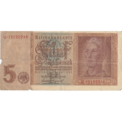Germany 1942 5 Reichsmark Note, Pick #186a, VF 