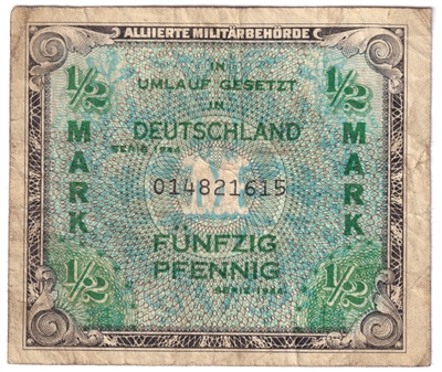 Germany 1944 1/2 Mark Note, Pick #191a, F 