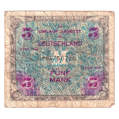 Germany 1944 5 Mark Note, without F, F 