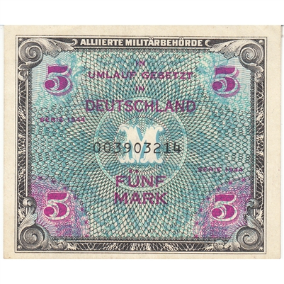 Germany 1944 5 Mark Note, 9 Digit with F, EF-AU 