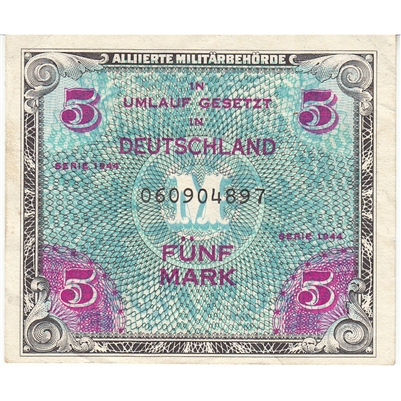 Germany 1944 5 Mark Note, 9 Digit with F, AU 