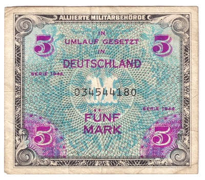 Germany 1944 5 Mark Note, Pick #193a, 9 Digit with F, VF