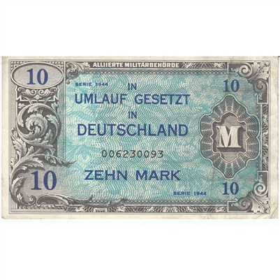Germany 1944 10 Marks Note, Pick #194a, 9 Digit With F, EF