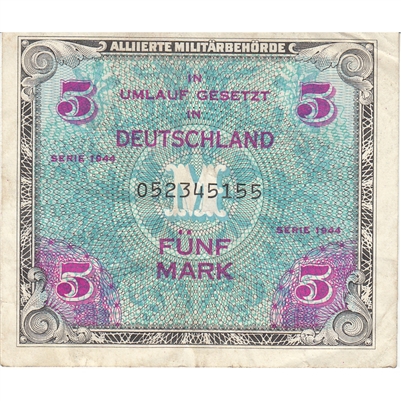 Germany 1944 5 Mark Note, Pick #193a, 9 Digit With F, EF