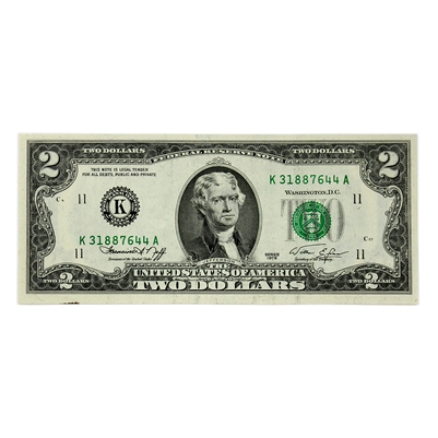 USA 1976 $2 Note, FR #1935K, Neff-Simon, Dallas, CUNC