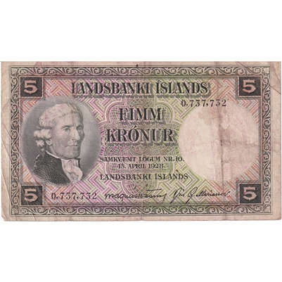 Iceland 1948-56 5 Kronur Note, Pick #32a F 