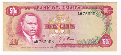 Jamaica Note 1970 50 Cents, EF-AU