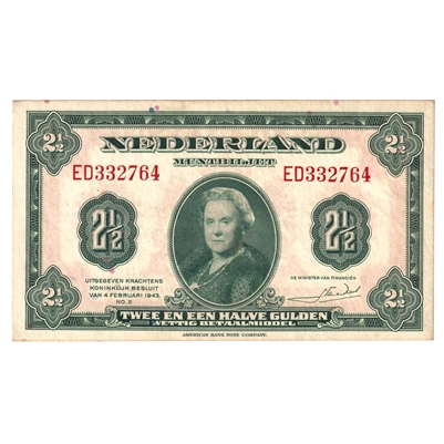 Netherlands 1943 2 1/2 Gulden Note, Pick #65, AU 