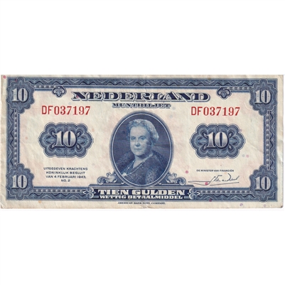 Netherlands 1943 10 Gulden Note, Pick #66, EF 
