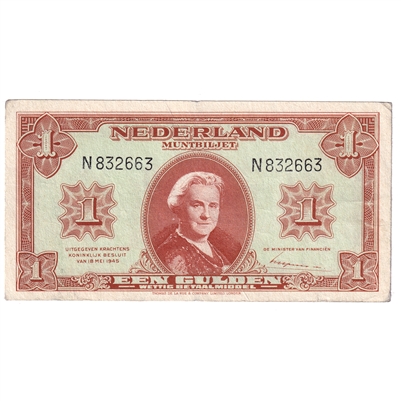 Netherlands 1945 1 Gulden Note, Pick #70, EF-AU 